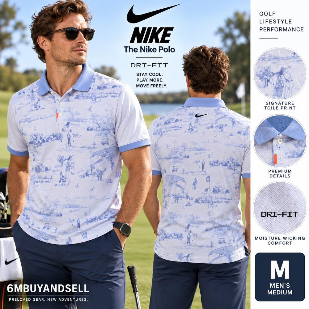 Nike The Nike Polo Dri-FIT Golf Toile Print Blue White DN2359-509 Mens Medium